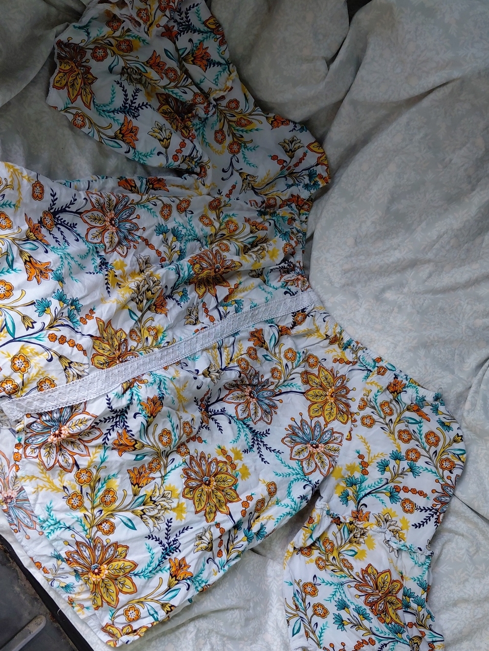 St. John's Bay White Blouse with Yellow and Teal Floral Print